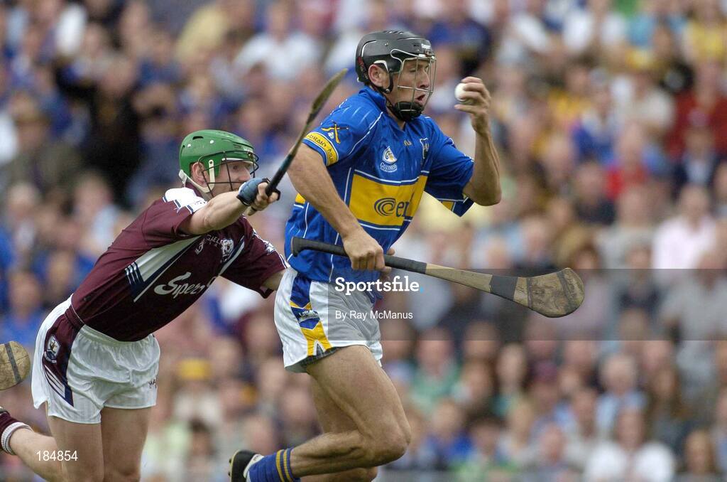 31 July 2005; Michael Webster, Tipperary, is tackled by Ollie Canning, Galway. The referee awarded a penalty as a result of the tackle. Guinness All-Ireland Senior Hurling Championship Quarter-Final, Galway v Tipperary, Croke Park, Dublin. Picture credit; Ray McManus / SPORTSFILE
