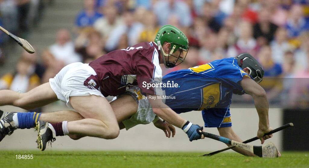 31 July 2005; Michael Webster, Tipperary, is tackled by Ollie Canning, Galway. The referee awarded a penalty as a result of the tackle. Guinness All-Ireland Senior Hurling Championship Quarter-Final, Galway v Tipperary, Croke Park, Dublin. Picture credit; Ray McManus / SPORTSFILE