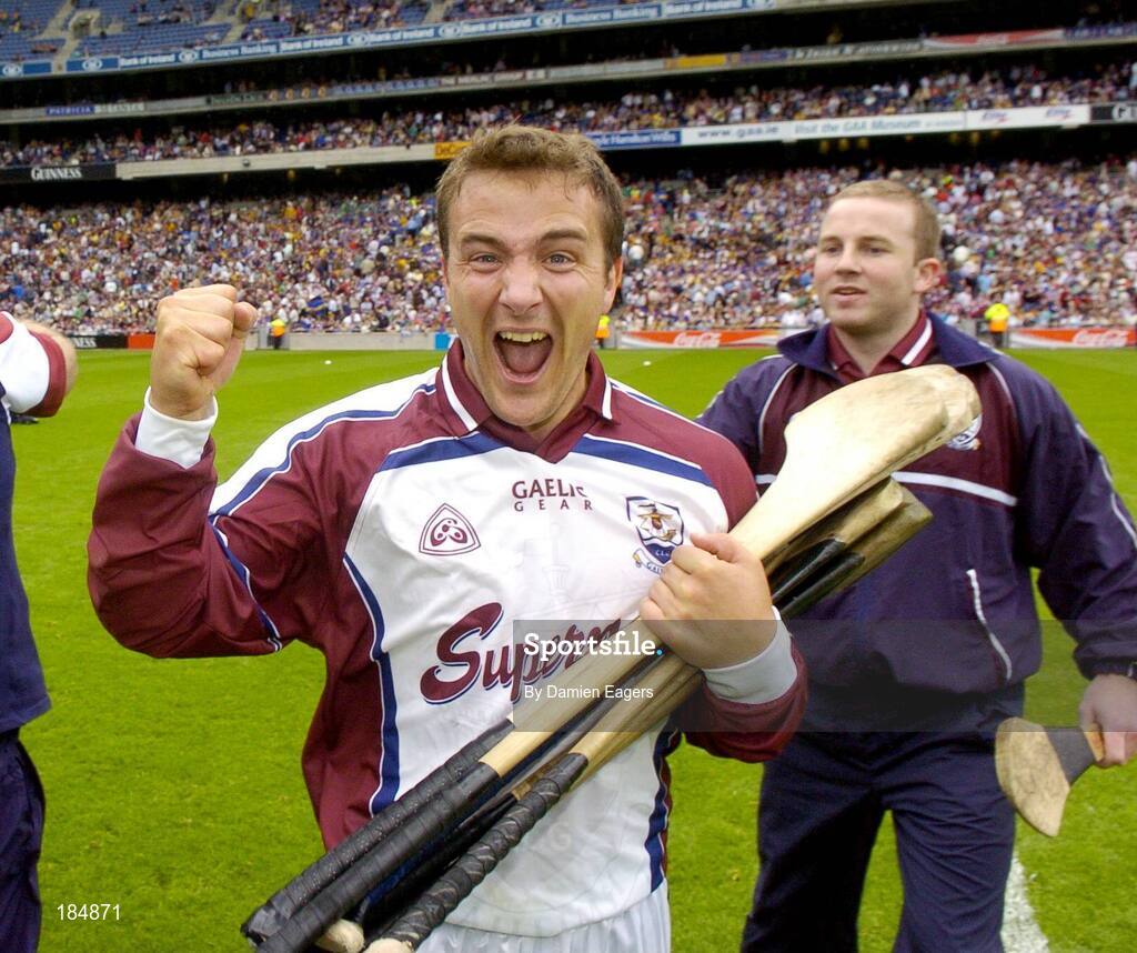 31 July 2005; Liam Donoghue, Galway goalkeeper and captain celebrates with team-mate Kevin Broderick after victory over Tipperary. Guinness All-Ireland Hurling Championship, Quarter-Final, Galway v Tipperary, Croke Park, Dublin. Picture credit; Damien Eagers / SPORTSFILE