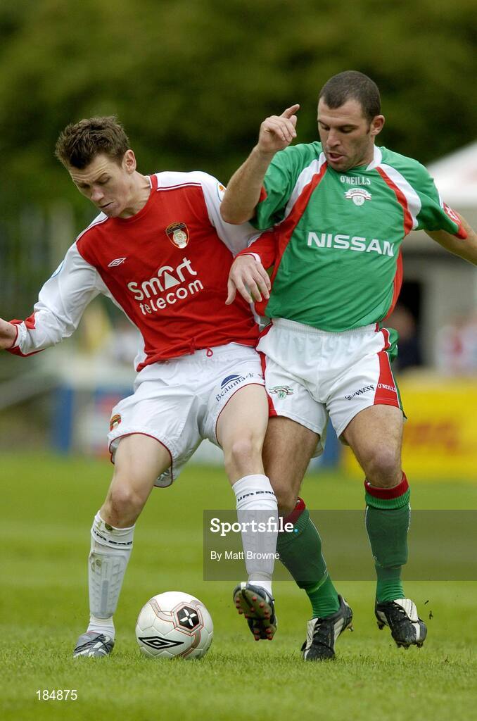31 July 2005; Gerard Rowe, St Patrick's Athletic, in action against Greg O'Halloran, Cork City. eircom League, Premier Division, St Patrick's Athletic v Cork City, Richmond Park, Dublin. Picture credit; Matt Browne / SPORTSFILE