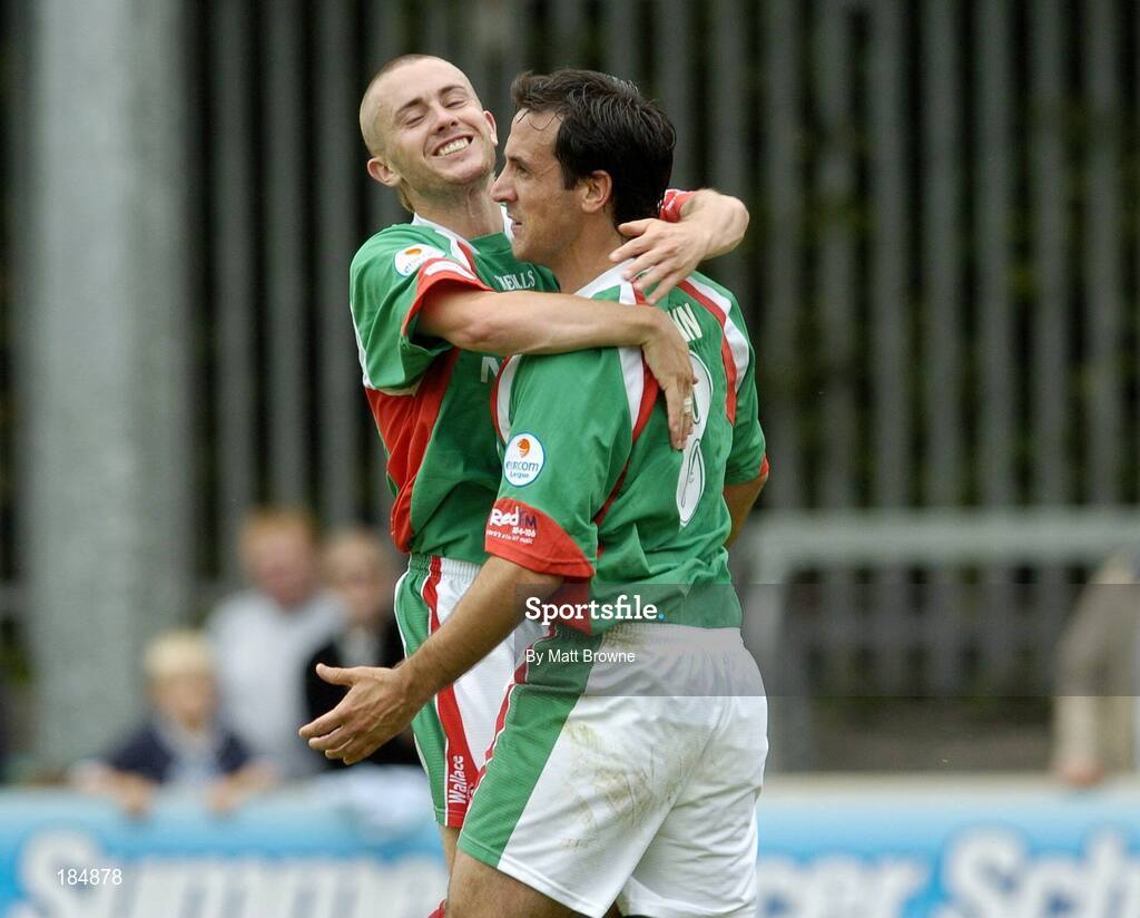 31 July 2005; Neale Fenn, 8, Cork City, celebrates his goal against St Patrick's Athletic with team-mate Liam Kearney. eircom League, Premier Division, St Patrick's Athletic v Cork City, Richmond Park, Dublin. Picture credit; Matt Browne / SPORTSFILE