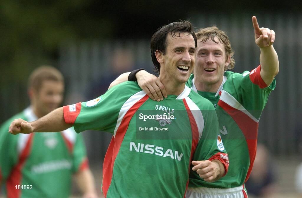 31 July 2005; Neale Finn, Cork City, celebrates his second goal against St Patrick's Athletic with team-mate Joe Gamble. eircom League, Premier Division, St Patrick's Athletic v Cork City, Richmond Park, Dublin. Picture credit; Matt Browne / SPORTSFILE