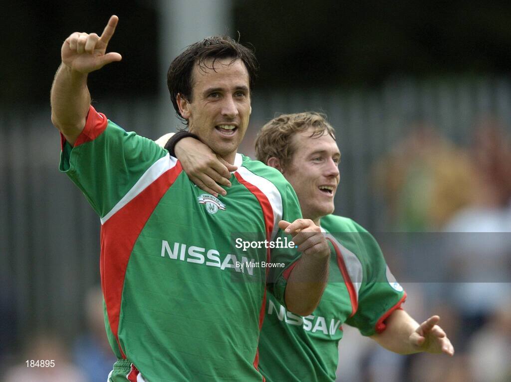 31 July 2005; Neale Finn, left, Cork City, celebrates his second goal against St Patrick's Athletic with team-mate Joe Gamble. eircom League, Premier Division, St Patrick's Athletic v Cork City, Richmond Park, Dublin. Picture credit; Matt Browne / SPORTSFILE