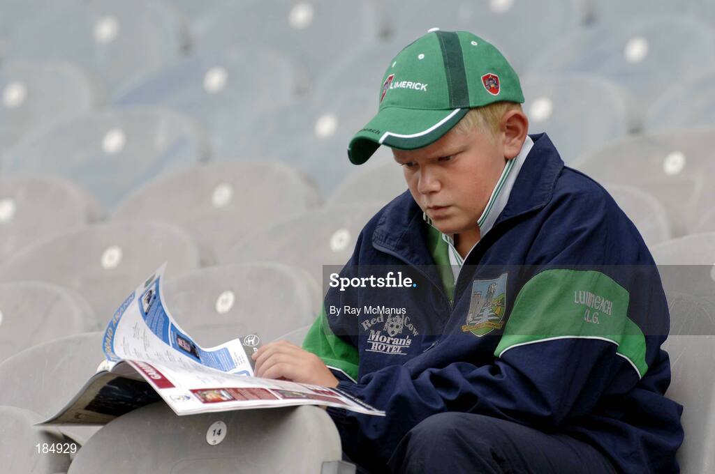 31 July 2005; Conor O'Brien, from Mungret, Co Limerick, reads his programme before the game. Guinness All-Ireland Senior Hurling Championship Quarter-Final, Kilkenny v Limerick, Croke Park, Dublin. Picture credit; Ray McManus / SPORTSFILE