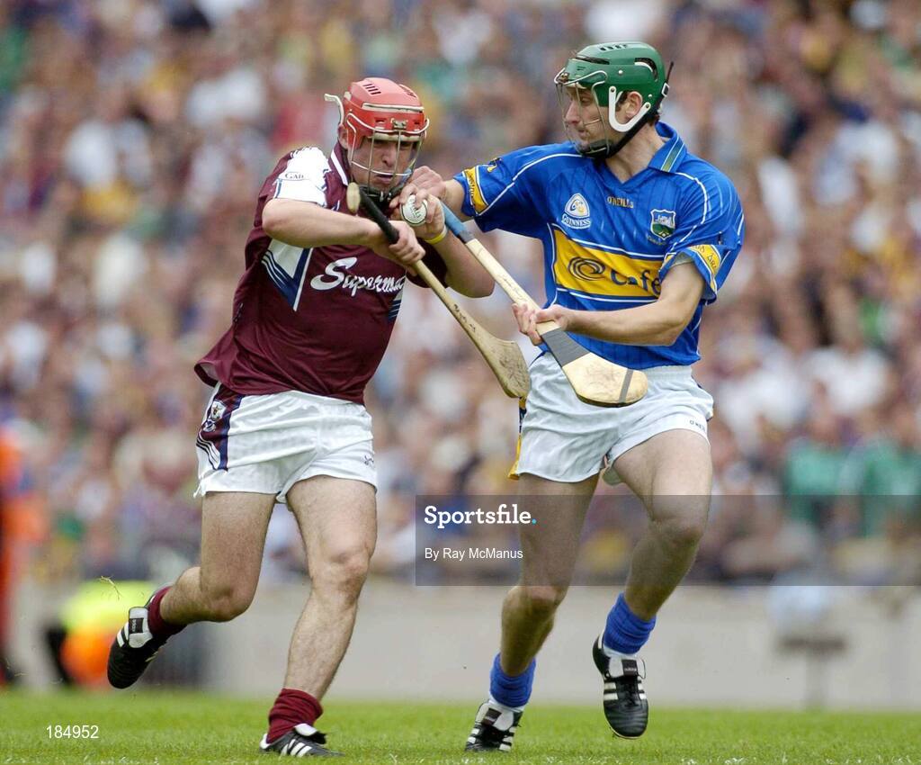 31 July 2005; Alan Kerins, Galway, is tackled by Declan Fanning, Tipperary. Guinness All-Ireland Senior Hurling Championship Quarter-Final, Galway v Tipperary, Croke Park, Dublin. Picture credit; Ray McManus / SPORTSFILE