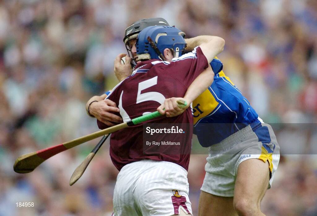 31 July 2005; Damien Hayes, Galway, is tackled by Hugh Moloney, Tipperary. Guinness All-Ireland Senior Hurling Championship Quarter-Final, Galway v Tipperary, Croke Park, Dublin. Picture credit; Ray McManus / SPORTSFILE