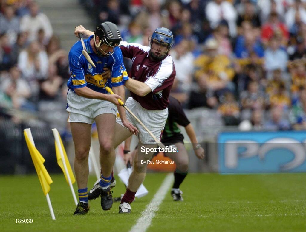 31 July 2005; Eddie Enright, Tipperary, is tackled by Damien Hayes, Galway. Guinness All-Ireland Senior Hurling Championship Quarter-Final, Galway v Tipperary, Croke Park, Dublin. Picture credit; Ray McManus / SPORTSFILE