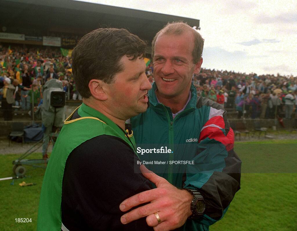 24 July 1994; Leitrim manager John O'Mahony shakes hands with Mayo manager Jack O'Shea after the game. Bank of Ireland Connacht Football Final, Leitrim v Mayo, Dr. Hyde Park, Roscommon. Picture credit; David Maher / SPORTSFILE