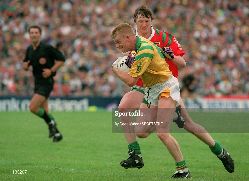 24 July 1994; Declan D'Arcy, Leitrim, is tackled by Pat Fallon, Mayo. Bank of Ireland Connacht Football Final, Leitrim v Mayo, Dr. Hyde Park, Roscommon. Picture credit; David Maher / SPORTSFILE
