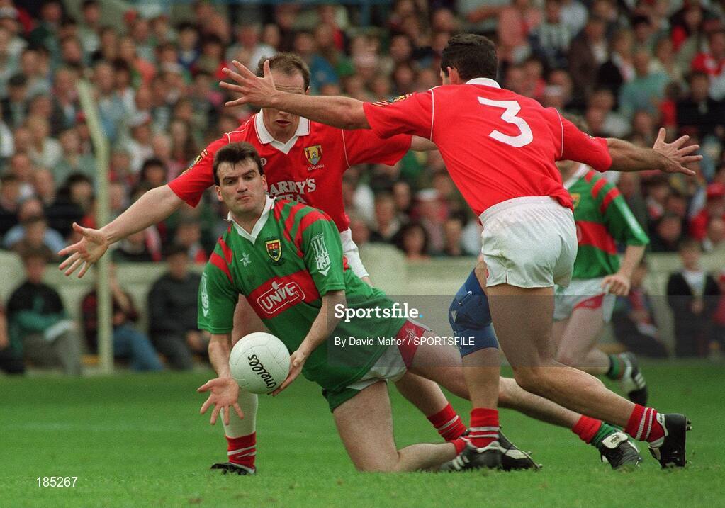 15 August 1993; Noel Durcan, Mayo, in action against Niall Cahalane and Mark O'Connor (3), Cork. All-Ireland Football semi-final, Cork v Mayo, Croke Park, Dublin. Picture credit; David Maher / SPORTSFILE