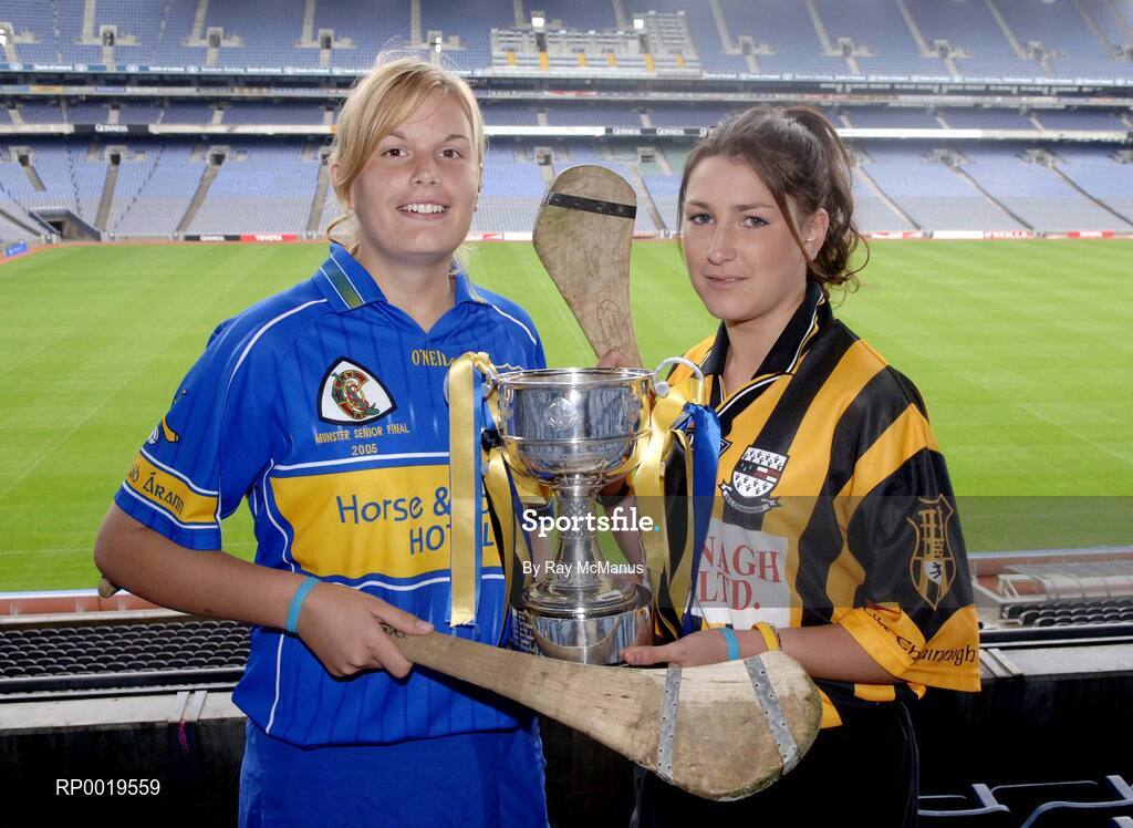 2 August 2005; The All-Ireland Minor A & B Camogie Finals, Kilkenny v Tipperary and Offaly v Armagh, will take place in Parnell Park, Dublin, on Sunday 7th August 2005.  Pictured at a photocall to introduce the captains are Lucinda Gahan, Kilkenny, and Fiona Young, Tipperary, who will meet in the the Finals. Croke Park, Dublin. Picture credit; Ray McManus / SPORTSFILE