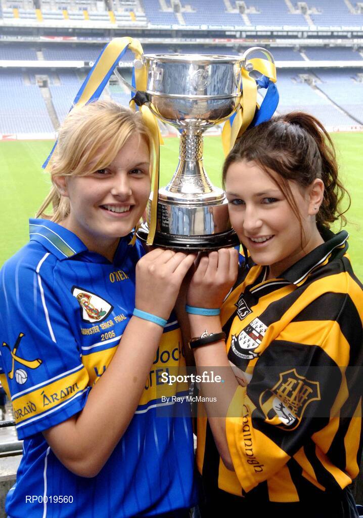 2 August 2005; The All-Ireland Minor A & B Camogie Finals, Kilkenny v Tipperary and Offaly v Armagh, will take place in Parnell Park, Dublin, on Sunday 7th August 2005. Pictured at a photocall to introduce the captains are Lucinda Gahan, Kilkenny, and Fiona Young, Tipperary, who will meet in the the Finals. Croke Park, Dublin. Picture credit; Ray McManus / SPORTSFILE