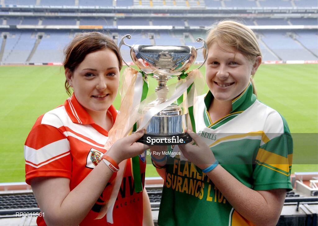 2 August 2005; The All-Ireland Minor A & B Camogie Finals, Kilkenny v Tipperary and Offaly v Armagh, will take place in Parnell Park, Dublin, on Sunday 7th August 2005. Pictured at a photocall to introduce the captains are Marcella Maloney, Offaly and Sunniamha Quinn, vice-captain, Armagh, who will meet in the the Finals. Croke Park, Dublin. Picture credit; Ray McManus / SPORTSFILE