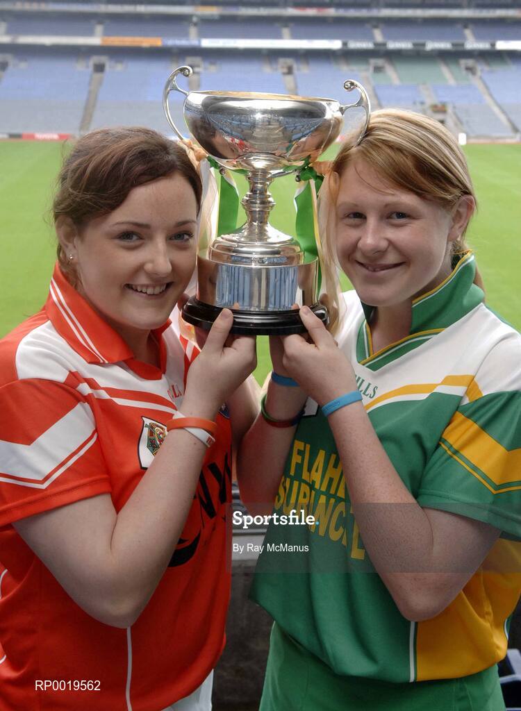 2 August 2005; The All-Ireland Minor A & B Camogie Finals, Kilkenny v Tipperary and Offaly v Armagh, will take place in Parnell Park, Dublin, on Sunday 7th August 2005. Pictured at a photocall to introduce the captains are Marcella Maloney, Offaly and Sunniamha Quinn, vice-captain, Armagh, who will meet in the the Finals. Croke Park, Dublin. Picture credit; Ray McManus / SPORTSFILE