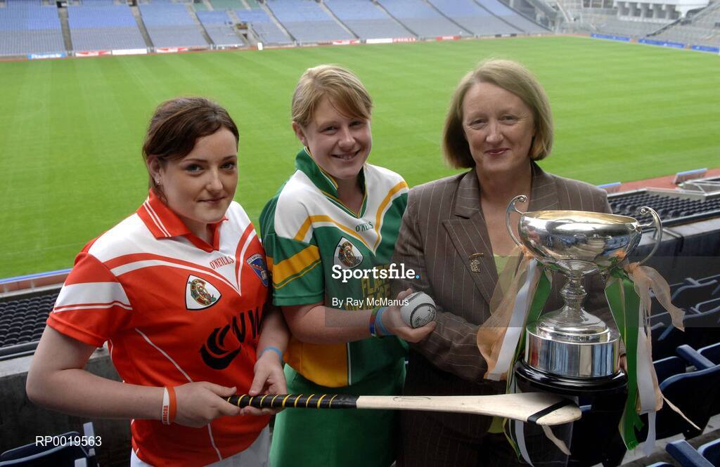 2 August 2005; The All-Ireland Minor A & B Camogie Finals, Kilkenny v Tipperary and Offaly v Armagh, will take place in Parnell Park, Dublin, on Sunday 7th August 2005. Pictured at a photocall to introduce the captains are Marcella Maloney, Offaly, Sunniamha Quinn, vice-captain, Armagh, who will meet in the the Final and Miriam O’Callaghan, Uachtarán, Cumann Camógaíochta na nGael. Croke Park, Dublin. Picture credit; Ray McManus / SPORTSFILE