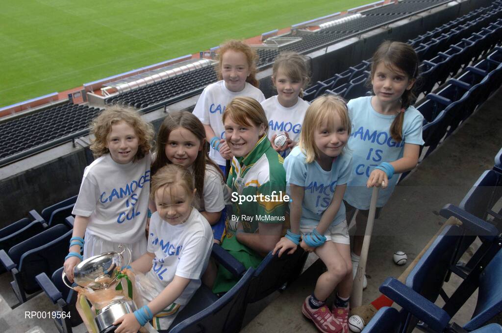2 August 2005; The All-Ireland Minor A & B Camogie Finals, Kilkenny v Tipperary and Offaly v Armagh, will take place in Parnell Park, Dublin, on Sunday 7th August 2005. Pictured at a photocall to introduce the captains are Marcella Maloney, Offaly, and camogie stars of the future, l to r, Zoe Murray, Moya Caulfield, Aoife Nic Con Iomaire, Emily Lacey, Meadhbh Ní Dhálaigh, Clara O’Sullivan and  Leah Divine, who were on hand to launch “Camogie is Cúl” wristbands which are being distributed through Camogie and Hurling camps. Croke Park, Dublin. Picture credit; Ray McManus / SPORTSFILE