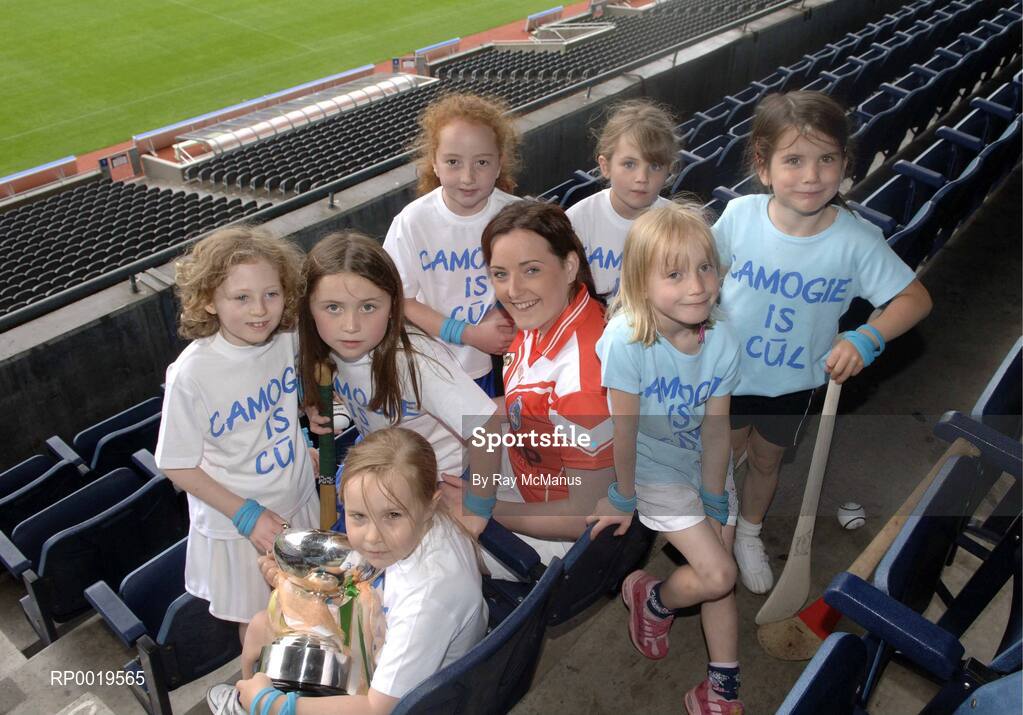 2 August 2005; The All-Ireland Minor A & B Camogie Finals, Kilkenny v Tipperary and Offaly v Armagh, will take place in Parnell Park, Dublin, on Sunday 7th August 2005. Pictured at a photocall to introduce the captains are Sunniamha Quinn, vice-captain, Armagh, and camogie stars of the future, l to r, Zoe Murray, Moya Caulfield, Aoife Nic Con Iomaire, Emily Lacey, Meadhbh Ní Dhálaigh, Clara O’Sullivan and Leah Divine, who were on hand to launch “Camogie is Cúl” wristbands which are being distributed through Camogie and Hurling camps. Croke Park, Dublin. Picture credit; Ray McManus / SPORTSFILE