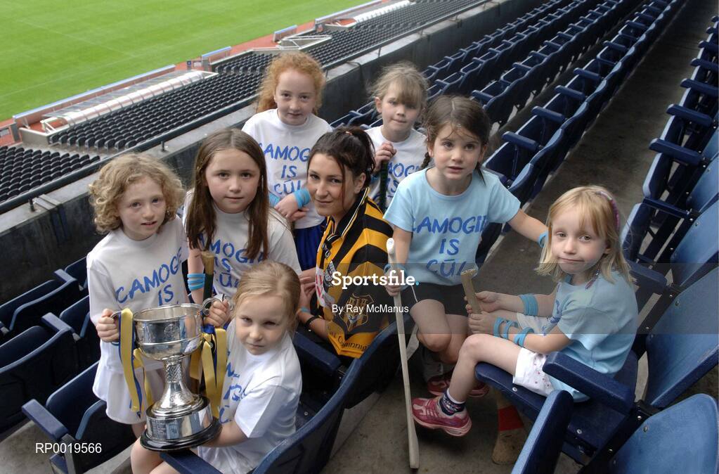 2 August 2005; The All-Ireland Minor A & B Camogie Finals, Kilkenny v Tipperary and Offaly v Armagh, will take place in Parnell Park, Dublin, on Sunday 7th August 2005. Pictured at a photocall to introduce the captains are Lucinda Gahan, Kilkenny, and camogie stars of the future, l to r, Zoe Murray, Moya Caulfield, Aoife Nic Con Iomaire, Emily Lacey, Meadhbh Ní Dhálaigh, Clara O’Sullivan and  Leah Divine, who were on hand to launch “Camogie is Cúl” wristbands which are being distributed through Camogie and Hurling camps. Croke Park, Dublin. Picture credit; Ray McManus / SPORTSFILE