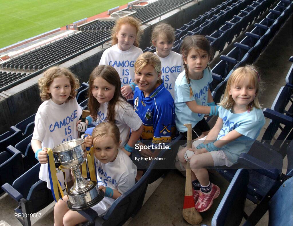 2 August 2005; The All-Ireland Minor A & B Camogie Finals, Kilkenny v Tipperary and Offaly v Armagh, will take place in Parnell Park, Dublin, on Sunday 7th August 2005. Pictured at a photocall to introduce the captains are Fiona Young, Tipperary, and camogie stars of the future, l to r, Zoe Murray, Moya Caulfield, Aoife Nic Con Iomaire, Emily Lacey, Meadhbh Ní Dhálaigh, Clara O’Sullivan and  Leah Divine, who were on hand to launch “Camogie is Cúl” wristbands which are being distributed through Camogie and Hurling camps. Croke Park, Dublin. Picture credit; Ray McManus / SPORTSFILE