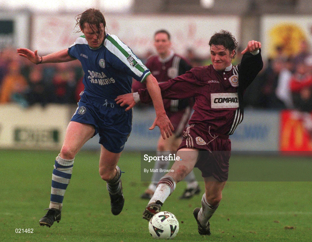 4 April 1999; Aubrey Dolan of Galway United in action against Donal O'Brien of Finn Harps during the Harp Lager FAI Cup Semi-Final match between Galway United United and Finn Harps at Terryland park in Galway. Photo by Matt Browne/Sportsfile