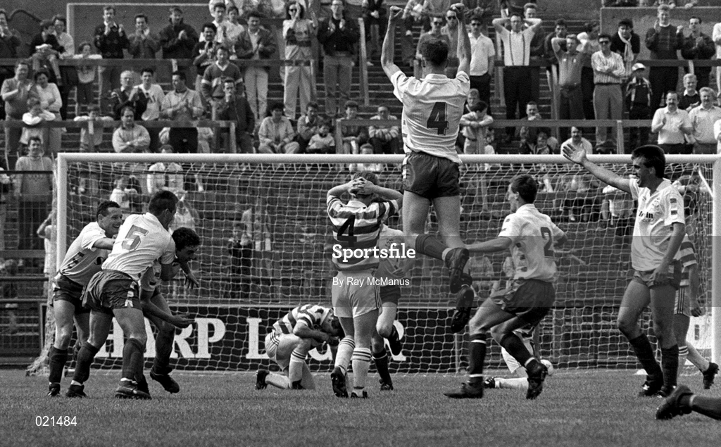13 May 1990; John Ryan of Bray Wanderers, 3rd from left, is congratulated by his team-mates after scoring one of his three goals during the FAI Cup Final match between Bray Wanderers and St Francis FC at Lansdowne Road in Dublin. Photo by Ray McManus/Sportsfile