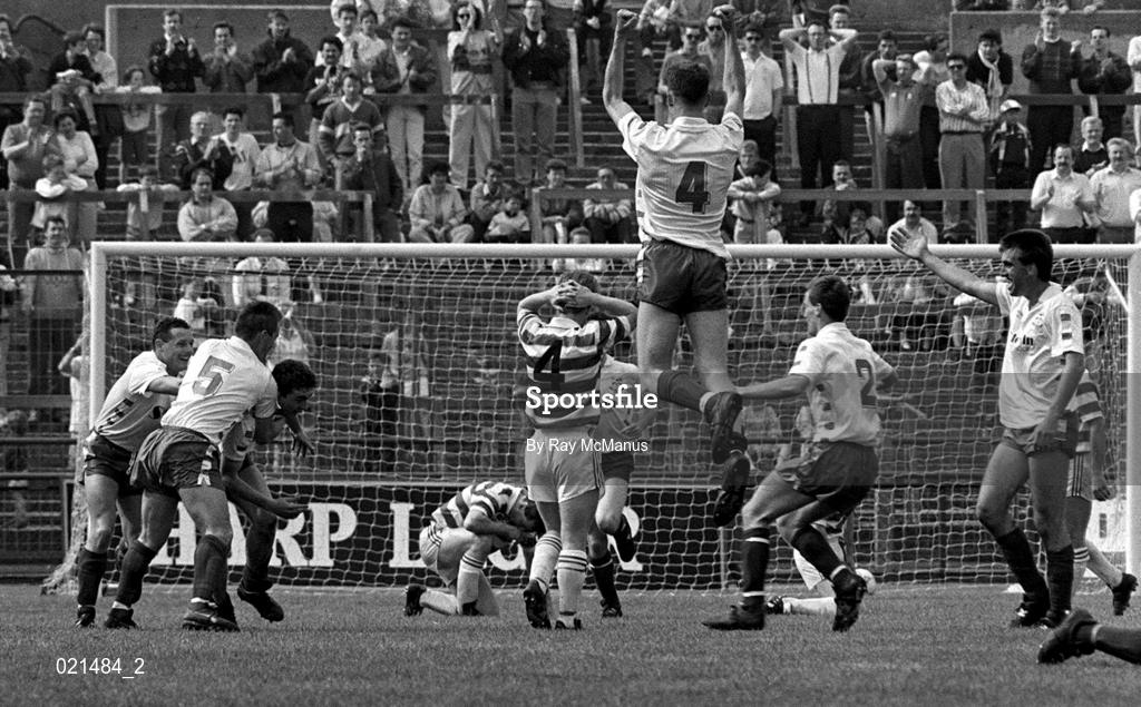 13 May 1990; John Ryan of Bray Wanderers, 3rd from left, is congratulated by his team-mates after scoring one of his three goals during the FAI Cup Final match between Bray Wanderers and St Francis FC at Lansdowne Road in Dublin. Photo by Ray McManus/Sportsfile