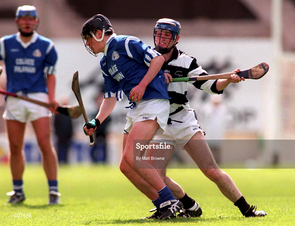 18 April 1999; Declan Walsh of St Flannan's in action against Eoin Kelly of St Kieran's during GAA All-Ireland Post Primary Senior A Schools Hurling Croke Cup Final match between St Flannan's Ennis, Clare and St Kieran's Kilkenny at Croke Park in Dublin. Photo by Matt Browne/Sportsfile