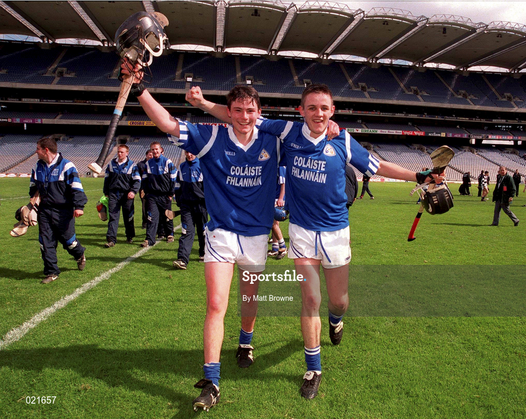 18 April 1999; Declan Walsh, left, and Gary Farmer of St Flannan's celebrate after the GAA All-Ireland Post Primary Senior A Schools Hurling Croke Cup Final match between St Flannan's Ennis, Clare and St Kieran's Kilkenny at Croke Park in Dublin. Photo by Matt Browne/Sportsfile