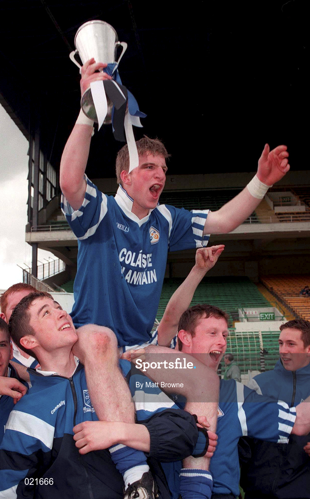 18 April 1999; St Flannan's captain Dermot Gleeson is lifted by his team-mates as they celebrate with the Croke Cup after the GAA All-Ireland Post Primary Senior A Schools Hurling Croke Cup Final match between St Flannan's Ennis, Clare and St Kieran's Kilkenny at Croke Park in Dublin. Photo by Matt Browne/Sportsfile