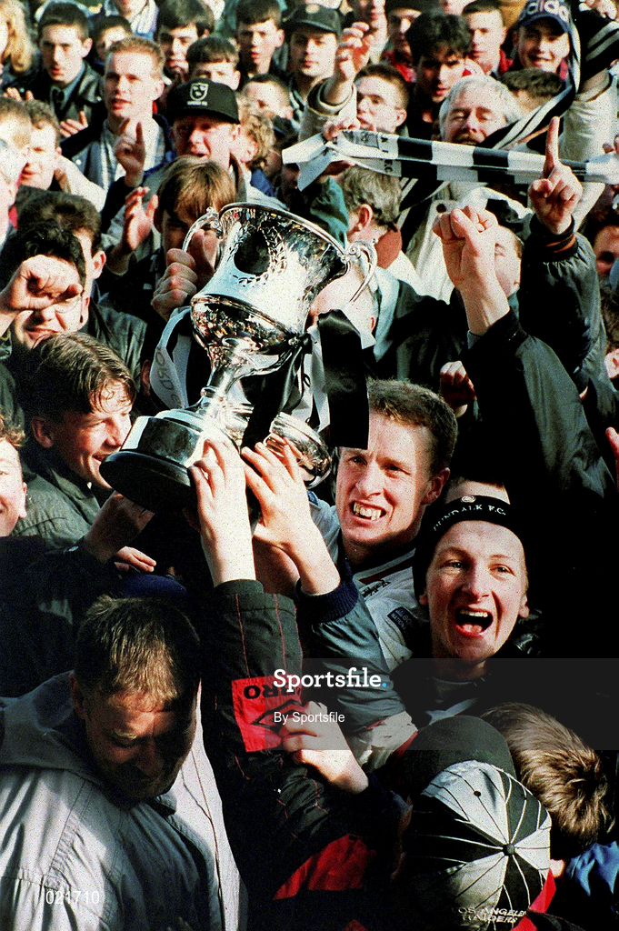 23 April 1995; Dundalk captain James Coll with the Premier Division trophy after the Bord Gáis National League Premier Division match between Dundalk and Galway United at Oriel Park in Dundalk, Louth. Photo by Sportsfile