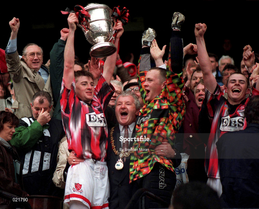 14 May 1994; Sligo Rovers captain Gavin Dykes, alongside team-mate Mark McLean, lifts the FAI Cup after the FAI Cup Final match between Sligo Rovers and Derry City at Lansdowne Road in Dublin. Photo by Brendan Moran/Sportsfile