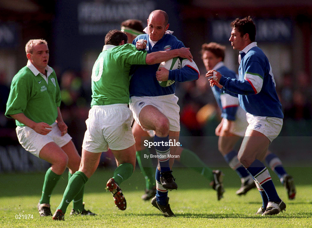 10 April 1999; Mark Giacheri of Italy is tackled by Trevor Brennan of Ireland during the Rugby International match between Ireland and Italy at Lansdowne Road in Dublin. Photo by Brendan Moran/Sportsfile