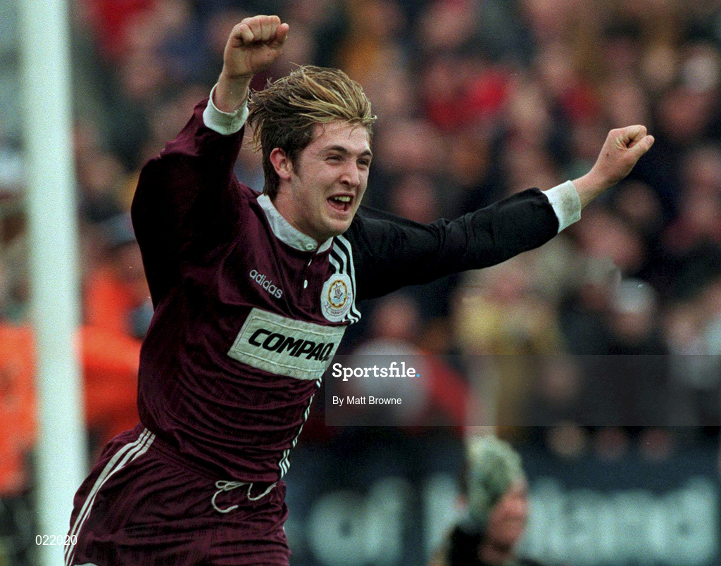 4 April 1999; Michael Keane of Galway United celebrates after scoring a goal during the Harp Lager FAI Cup Semi-Final match between Galway United United and Finn Harps at Terryland park in Galway. Photo by Matt Browne/Sportsfile