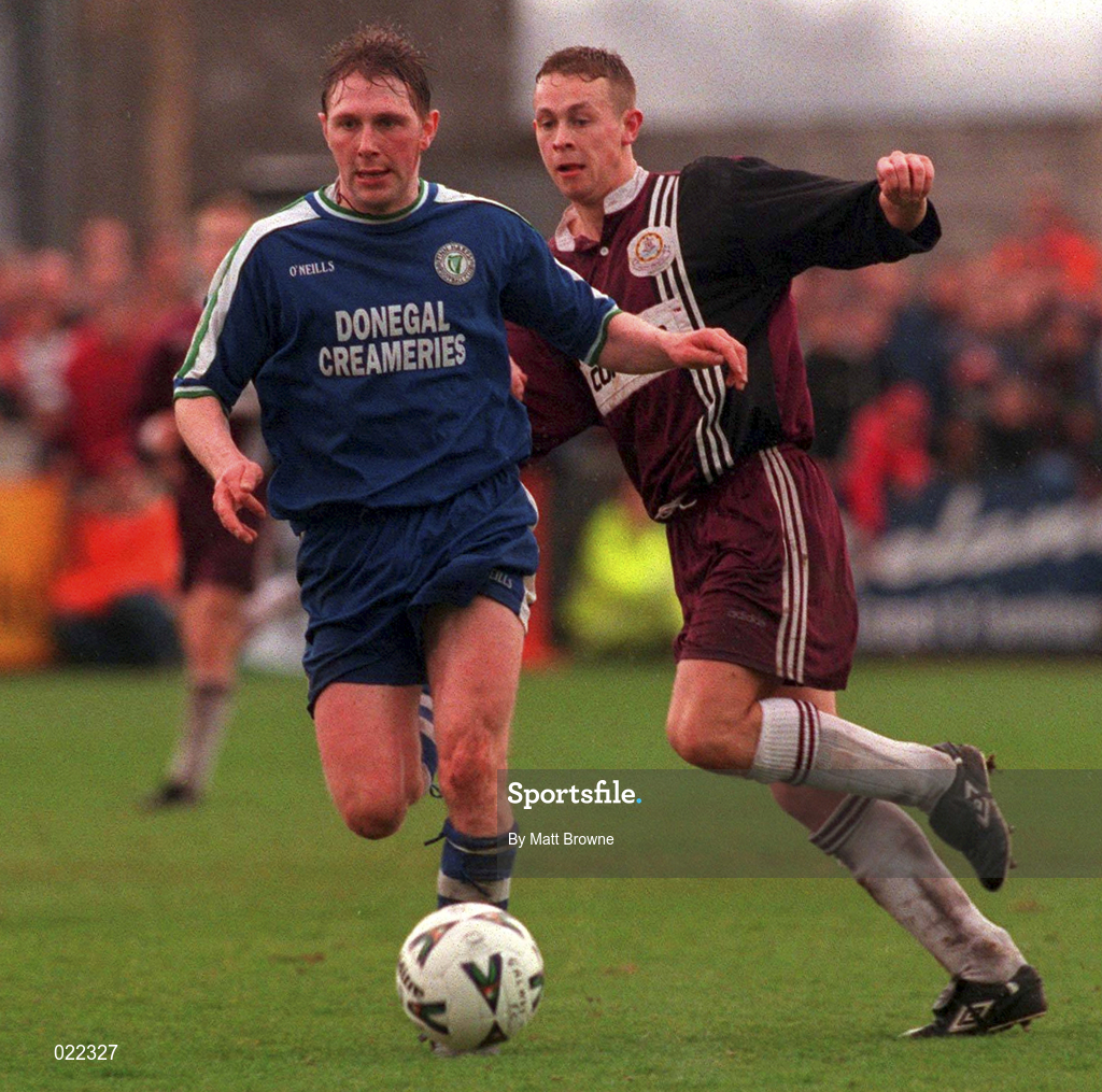 4 April 1999; Tom Mohan of Finn Harps in action against Gareth Gorman of Galway United during the Harp Lager FAI Cup Semi-Final match between Galway United United and Finn Harps at Terryland park in Galway. Photo by Matt Browne/Sportsfile
