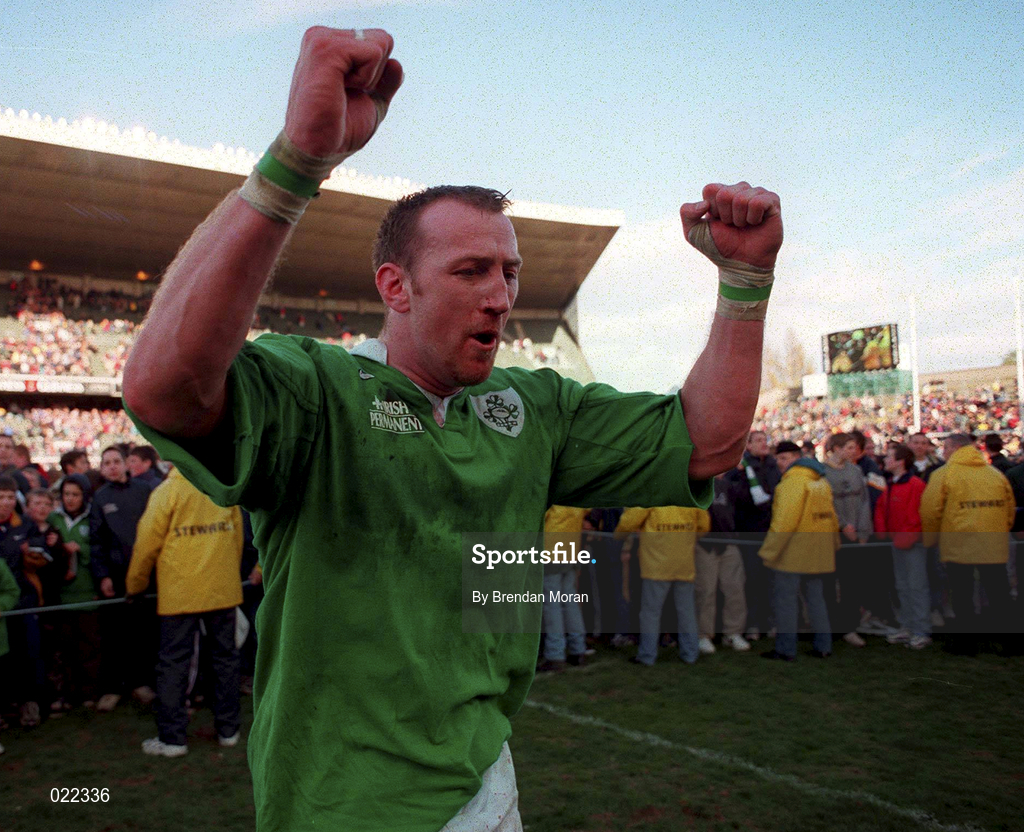10 April 1999; Trevor Brennan of Ireland celebrates after the Rugby International match between Ireland and Italy at Lansdowne Road in Dublin. Photo by Brendan Moran/Sportsfile