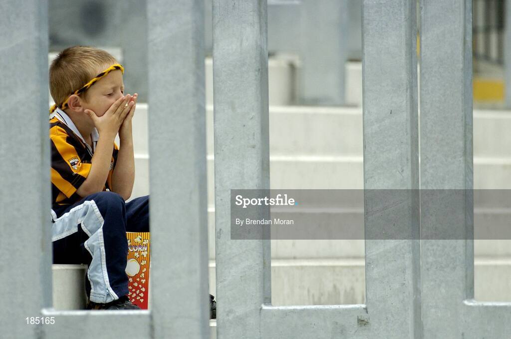 31 July 2005; Young Kilkenny supporter Jack Hawe, age 5, from Kilkenny, enjoys his popcorn during the game. Guinness All-Ireland Hurling Championship, Quarter-Final, Galway v Tipperary, Croke Park, Dublin. Picture credit; Brendan Moran / SPORTSFILE
