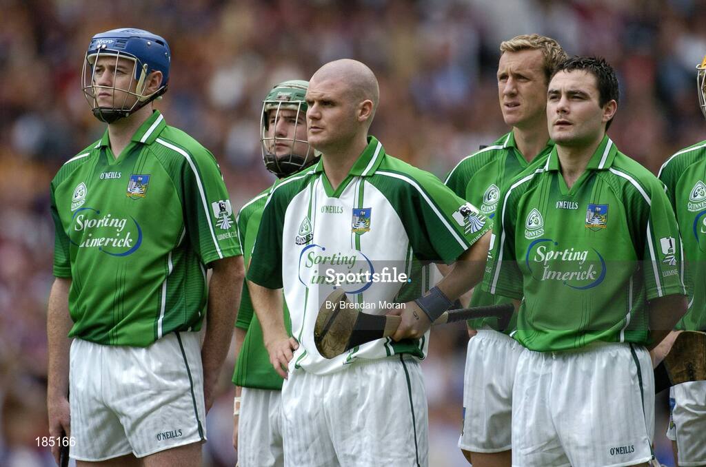 31 July 2005; Limerick players, from left, Brian Geary, Andrew O'Shaughnessy, Timmy Houlihan, Ollie Moran and Peter Lawlor stand for the national anthem before the game. Guinness All-Ireland Hurling Championship, Quarter-Final, Kilkenny v Limerick, Croke Park, Dublin. Picture credit; Brendan Moran / SPORTSFILE