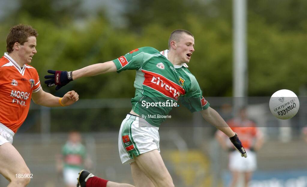 30 July 2005; Pierce Hanley, Mayo, is tackled by Paul Kernan, Armagh. All-Ireland Minor Football Quarter-Final, Mayo v Armagh, Dr. Hyde Park, Roscommon. Picture credit; Matt Browne / SPORTSFILE