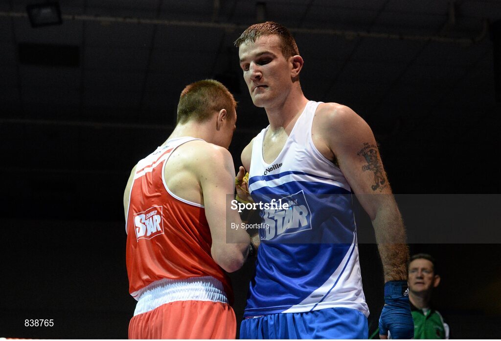 1 March 2014; John Joe Joyce, right, St Michael’s Athy Boxing Club after being beaten by Stephen Donnelly, All Saints Boxing Club in their 69 kg bout. National Senior Boxing Championships Semi-Finals, National Stadium, Dublin. Photo by Sportsfile