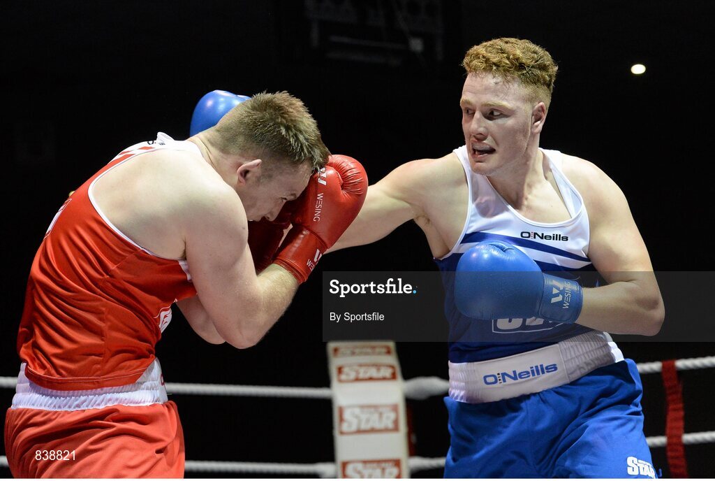 1 March 2014; Bernard O’Reilly, right, Portlaoise Boxing Club, exchanges punches with Gary Sweeny, Olympic Boxing Club, during their 91 kg bout. National Senior Boxing Championships Semi Finals, National Stadium, Dublin. Photo by Sportsfile