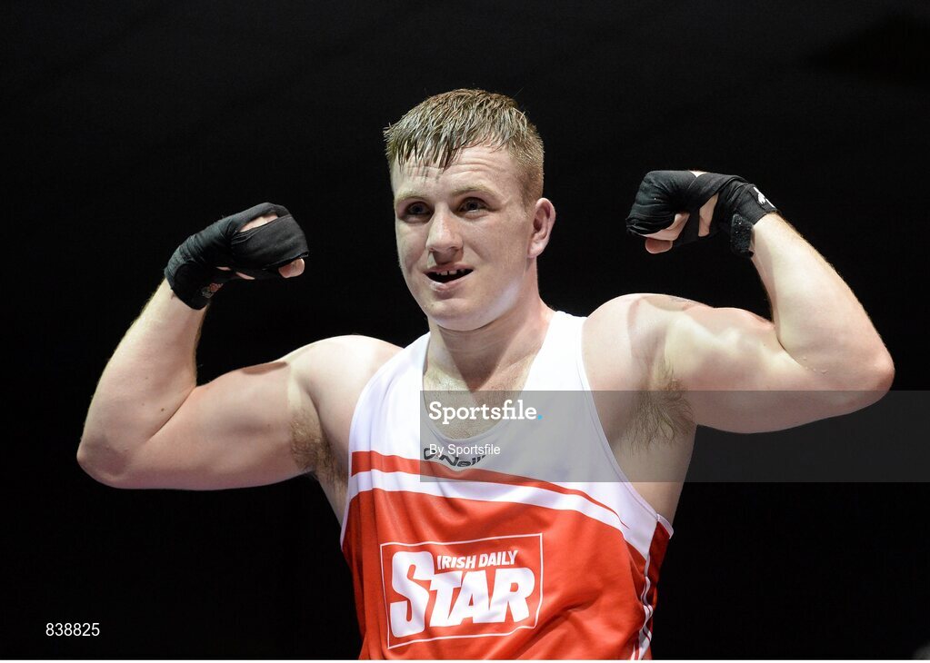 1 March 2014; Gary Sweeny, Olympic Boxing Club, celebrates following his 91 kg bout against Bernard O’Reilly, Portlaoise Boxing Club. National Senior Boxing Championships Semi Finals, National Stadium, Dublin. Photo by Sportsfile