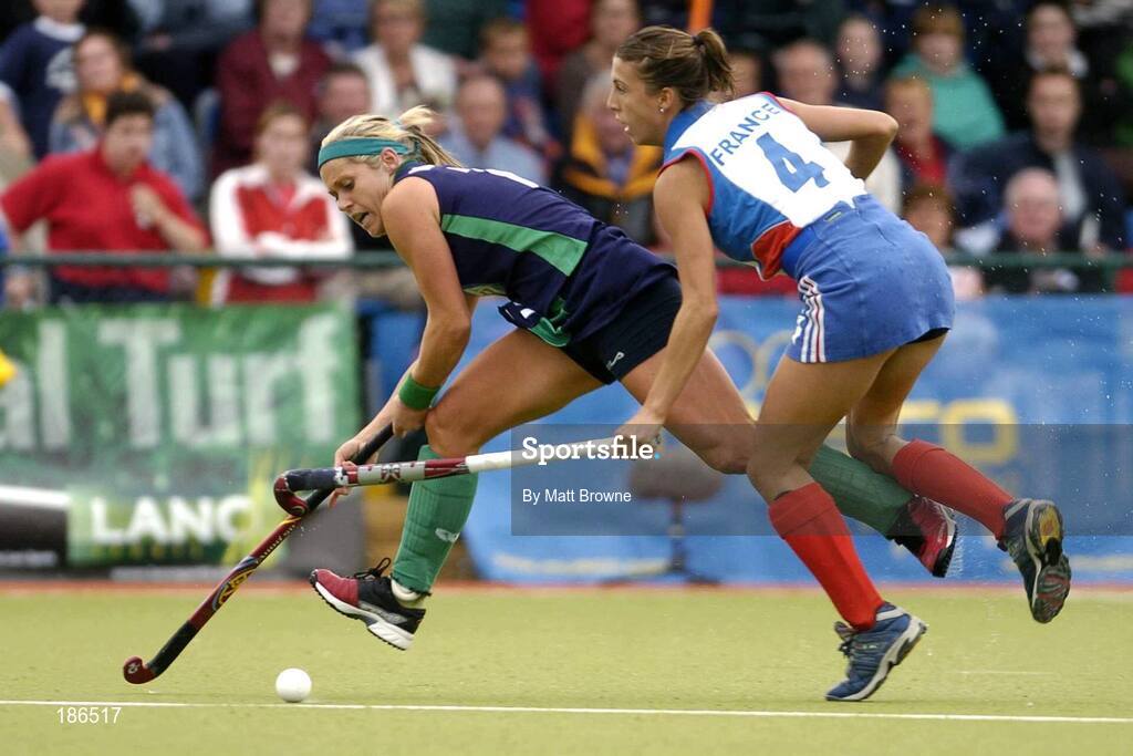 14 August 2005; Jenny McDonough, Ireland, in action against Aurelie Morin, France. 7th Women's European Nations Hockey Championship, Pool A, Ireland v France, Belfield, UCD, Dublin. Picture credit; Matt Browne / SPORTSFILE