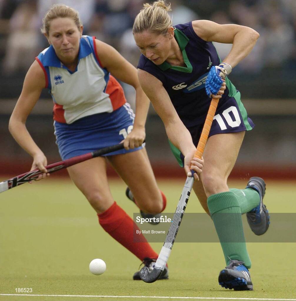 14 August 2005; Jenny Burke, Ireland, in action against Christelle Lafaury, France. 7th Women's European Nations Hockey Championship, Pool A, Ireland v France, Belfield, UCD, Dublin. Picture credit; Matt Browne / SPORTSFILE