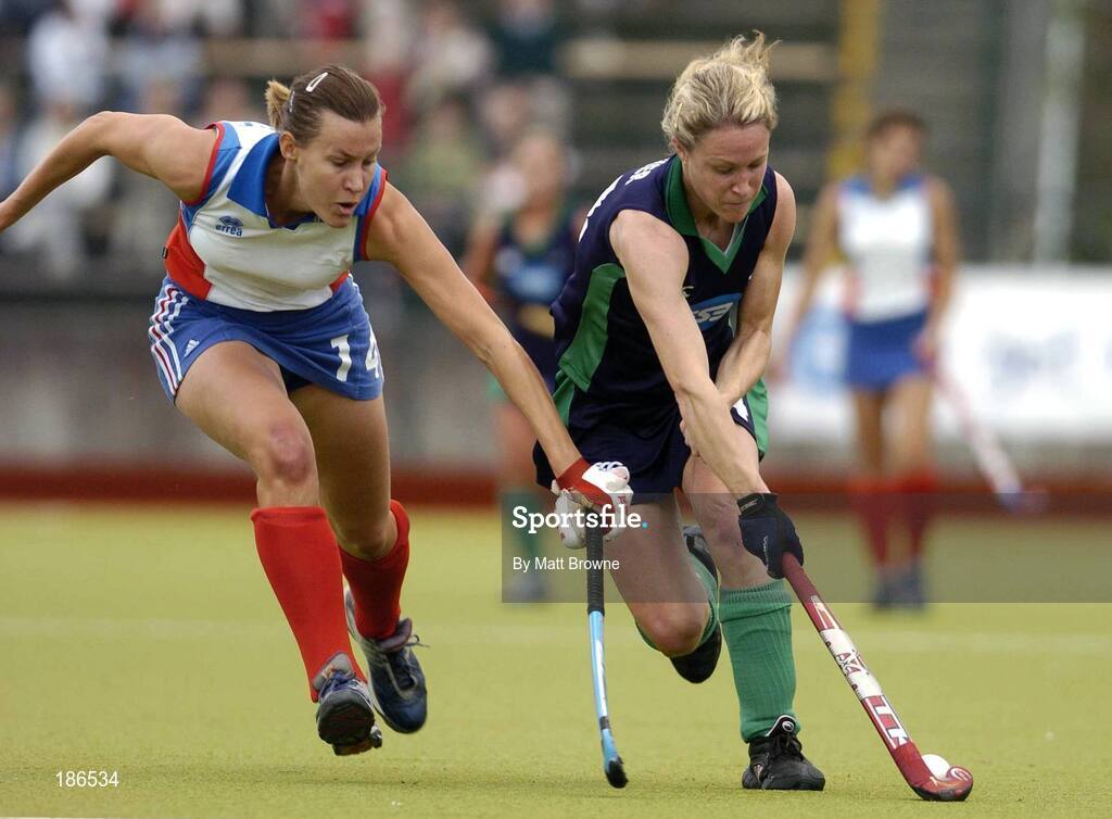 14 August 2005; Lynsey McVicker, Ireland, in action against Aurelie Noel, France. 7th Women's European Nations Hockey Championship, Pool A, Ireland v France, Belfield, UCD, Dublin. Picture credit; Matt Browne / SPORTSFILE