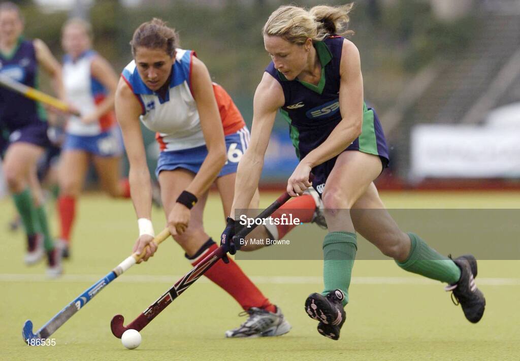 14 August 2005; Lynsey McVicker, Ireland, in action against Peggy Bergere, France. 7th Women's European Nations Hockey Championship, Pool A, Ireland v France, Belfield, UCD, Dublin. Picture credit; Matt Browne / SPORTSFILE