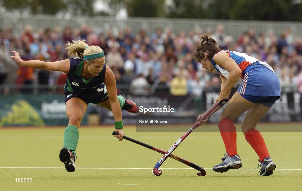 14 August 2005; Jenny McDonough, Ireland, in action against Muriel Lazennec, France. 7th Women's European Nations Hockey Championship, Pool A, Ireland v France, Belfield, UCD, Dublin. Picture credit; Matt Browne / SPORTSFILE