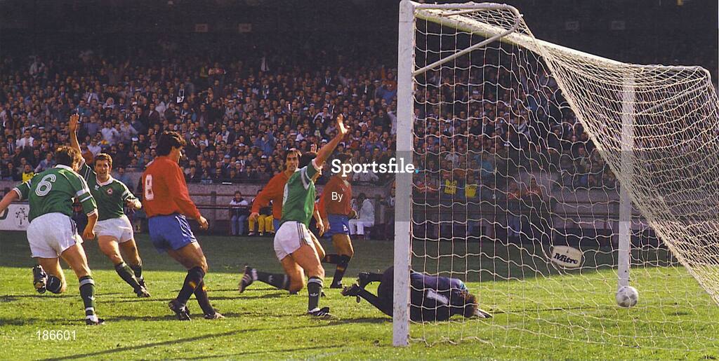 26 April 1989; Ireland players from left to right, Ronnie Whelan, Kevin Sheedy and Frank Stapleton celebrate after Spains, Michael, (8) had scored an own goal. World Cup Qualifier, Ireland v Spain, Lansdowne Road, Dublin. Picture credit; Ray McManus / SPORTSFILE