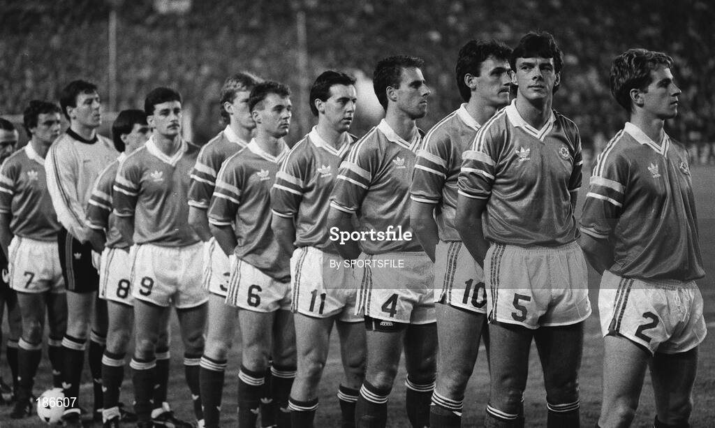 16 November 1988; The Republic of Ireland, from left to right, Kevin Moran, Packie Bonner, Ray Houghton, John Alridge, Steve Staunton, John Sheridan, Tony Galvin, Mick McCarthy, Tony Cascarino, David O'Leary and Chris Morris stand for the National Anthem, World Cup Qualifier, Spain v Ireland, Benito Villa Marin Stadium, Seville, Spain. Picture credit; Ray McManus / SPORTSFILE