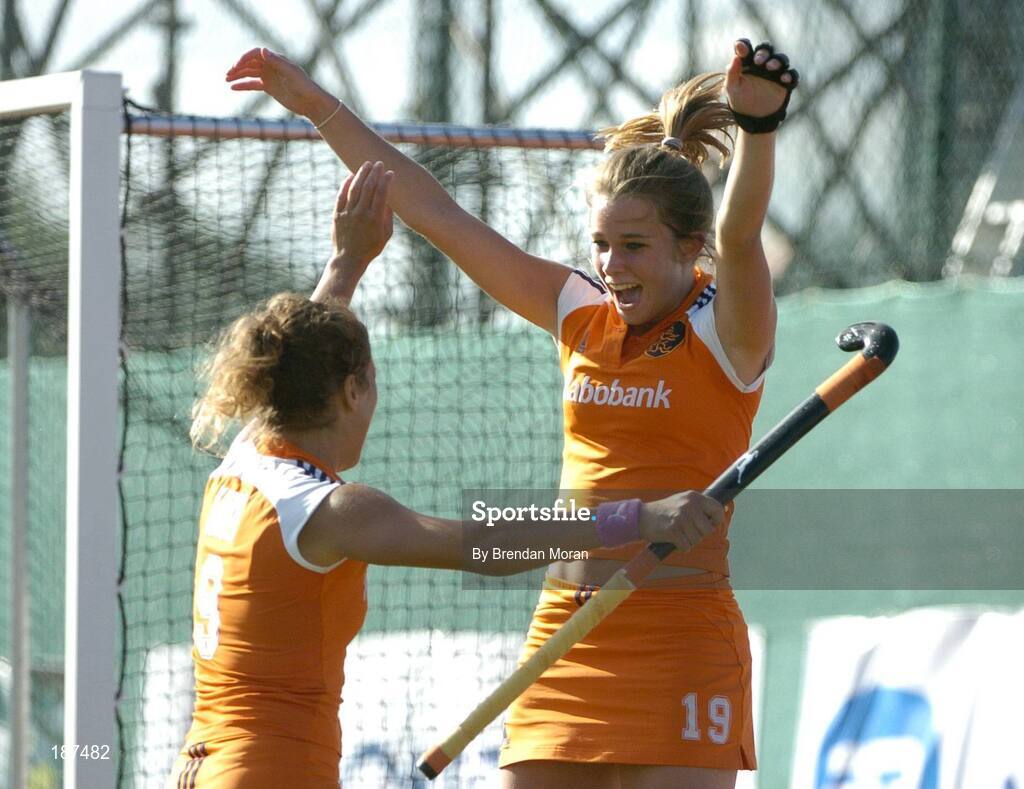 20 August 2005; Ellen Hoog, right, Netherlands, celebrates scoring her sides first goal with team-mate Sylvia Karres. 7th Women's European Nations Hockey Championship Final, Germany v Netherlands, Belfield, UCD, Dublin. Picture credit; Brendan Moran / SPORTSFILE