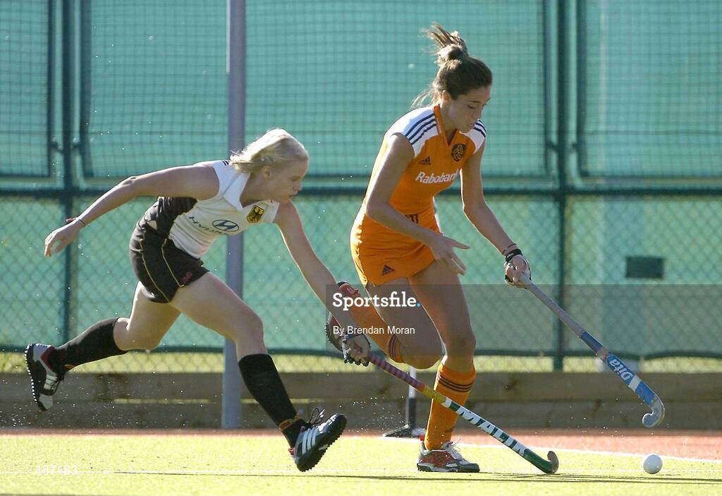 20 August 2005; Naomi Van As, Netherlands, in action against Svenja Schuermann, Germany. 7th Women's European Nations Hockey Championship Final, Germany v Netherlands, Belfield, UCD, Dublin. Picture credit; Brendan Moran / SPORTSFILE